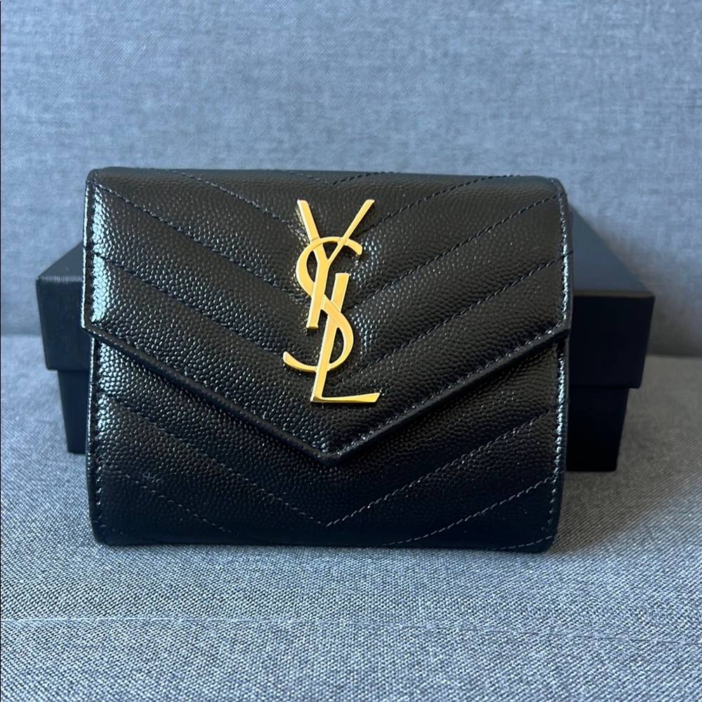 Yves Saint Laurent Black Tri-Fold Wallet with Iconic Logo